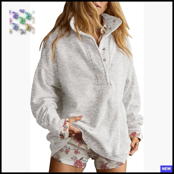 Sweaters - Oversized Button Front Sweatshirt Y2K Casual Pullover Long Sleeve Cotton Blend